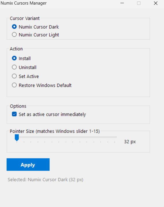Numix Cursors Manager showing variant selection, install and restore actions, and pointer size options